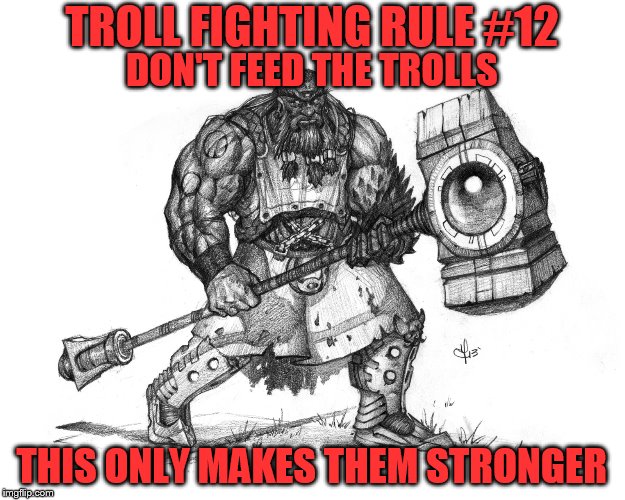Troll Fighting Rule #12 | TROLL FIGHTING RULE #12; DON'T FEED THE TROLLS; THIS ONLY MAKES THEM STRONGER | image tagged in troll smasher | made w/ Imgflip meme maker