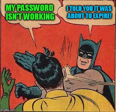 Batman Slapping Robin Meme | MY PASSWORD ISN'T WORKING I TOLD YOU IT WAS ABOUT TO EXPIRE! | image tagged in memes,batman slapping robin | made w/ Imgflip meme maker