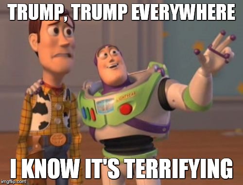 X, X Everywhere | TRUMP, TRUMP EVERYWHERE; I KNOW IT'S TERRIFYING | image tagged in memes,x x everywhere | made w/ Imgflip meme maker