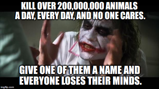 And everybody loses their minds | KILL OVER 200,000,000 ANIMALS A DAY, EVERY DAY, AND NO ONE CARES. GIVE ONE OF THEM A NAME AND EVERYONE LOSES THEIR MINDS. | image tagged in memes,and everybody loses their minds | made w/ Imgflip meme maker