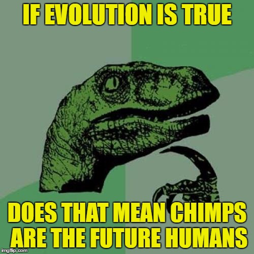 Philosoraptor | IF EVOLUTION IS TRUE; DOES THAT MEAN CHIMPS ARE THE FUTURE HUMANS | image tagged in memes,philosoraptor | made w/ Imgflip meme maker