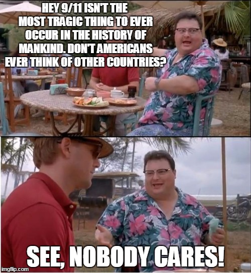 you elected george bush | HEY 9/11 ISN'T THE MOST TRAGIC THING TO EVER OCCUR IN THE HISTORY OF MANKIND. DON'T AMERICANS EVER THINK OF OTHER COUNTRIES? SEE, NOBODY CARES! | image tagged in memes,see nobody cares,9/11,twin towers | made w/ Imgflip meme maker