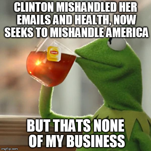 But That's None Of My Business Meme | CLINTON MISHANDLED HER EMAILS AND HEALTH, NOW SEEKS TO MISHANDLE AMERICA; BUT THATS NONE OF MY BUSINESS | image tagged in memes,but thats none of my business,kermit the frog | made w/ Imgflip meme maker
