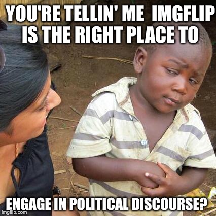 Third World Skeptical Kid Meme | YOU'RE TELLIN' ME  IMGFLIP IS THE RIGHT PLACE TO ENGAGE IN POLITICAL DISCOURSE? | image tagged in memes,third world skeptical kid | made w/ Imgflip meme maker