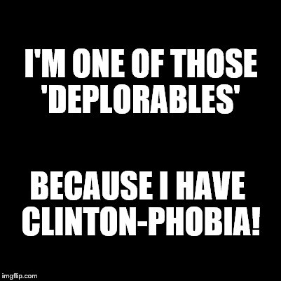 Blank | I'M ONE OF THOSE 'DEPLORABLES'; BECAUSE I HAVE CLINTON-PHOBIA! | image tagged in blank | made w/ Imgflip meme maker