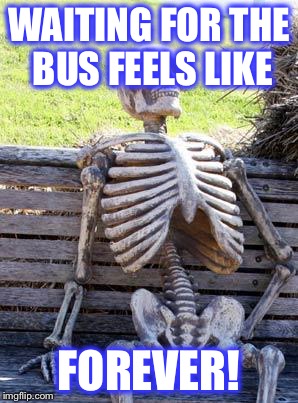 Waiting Skeleton | WAITING FOR THE BUS FEELS LIKE; FOREVER! | image tagged in memes,waiting skeleton | made w/ Imgflip meme maker