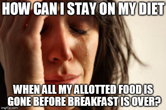 First World Problems Meme | HOW CAN I STAY ON MY DIET; WHEN ALL MY ALLOTTED FOOD IS GONE BEFORE BREAKFAST IS OVER? | image tagged in memes,first world problems | made w/ Imgflip meme maker