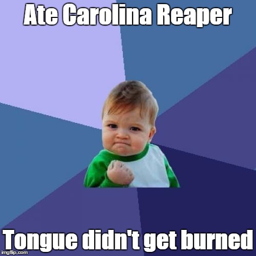 The Spice MVP | Ate Carolina Reaper; Tongue didn't get burned | image tagged in memes,success kid | made w/ Imgflip meme maker