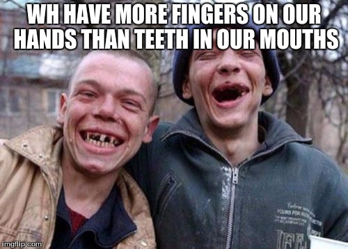 Ugly Twins Meme | WH HAVE MORE FINGERS ON OUR HANDS THAN TEETH IN OUR MOUTHS | image tagged in memes,ugly twins | made w/ Imgflip meme maker