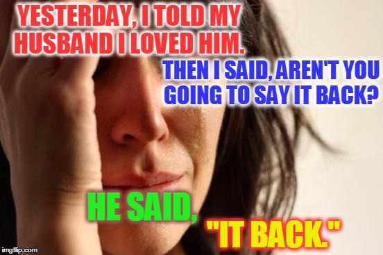 The Unspoken Language of Love | YESTERDAY, I TOLD MY HUSBAND I LOVED HIM. THEN I SAID, AREN'T YOU GOING TO SAY IT BACK? HE SAID, "IT BACK." | image tagged in memes,first world problems,funny,joke,marriage | made w/ Imgflip meme maker