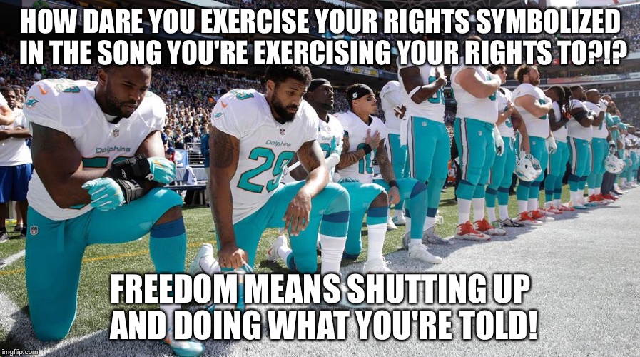 Freedom! | HOW DARE YOU EXERCISE YOUR RIGHTS SYMBOLIZED IN THE SONG YOU'RE EXERCISING YOUR RIGHTS TO?!? FREEDOM MEANS SHUTTING UP AND DOING WHAT YOU'RE TOLD! | image tagged in nfl memes | made w/ Imgflip meme maker
