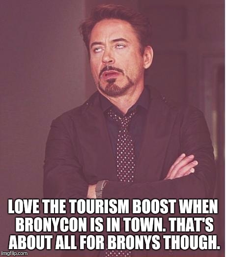 Face You Make Robert Downey Jr Meme | LOVE THE TOURISM BOOST WHEN BRONYCON IS IN TOWN. THAT'S ABOUT ALL FOR BRONYS THOUGH. | image tagged in memes,face you make robert downey jr | made w/ Imgflip meme maker