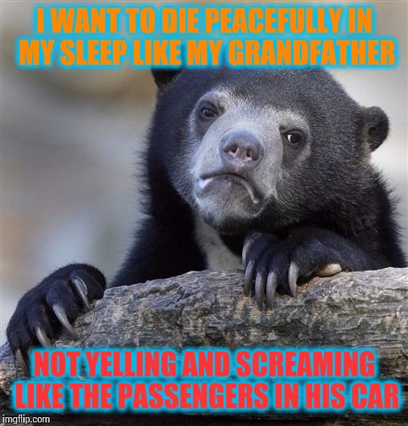 Confession Bear | I WANT TO DIE PEACEFULLY IN MY SLEEP LIKE MY GRANDFATHER; NOT YELLING AND SCREAMING LIKE THE PASSENGERS IN HIS CAR | image tagged in memes,confession bear | made w/ Imgflip meme maker