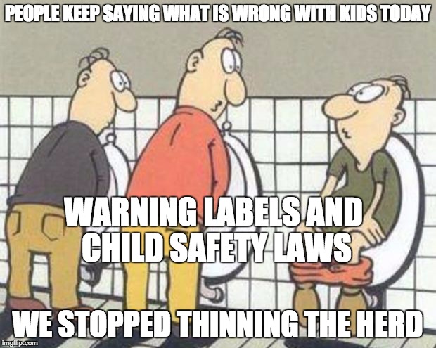 STUPID | PEOPLE KEEP SAYING WHAT IS WRONG WITH KIDS TODAY; WARNING LABELS AND CHILD SAFETY LAWS; WE STOPPED THINNING THE HERD | image tagged in stupid | made w/ Imgflip meme maker