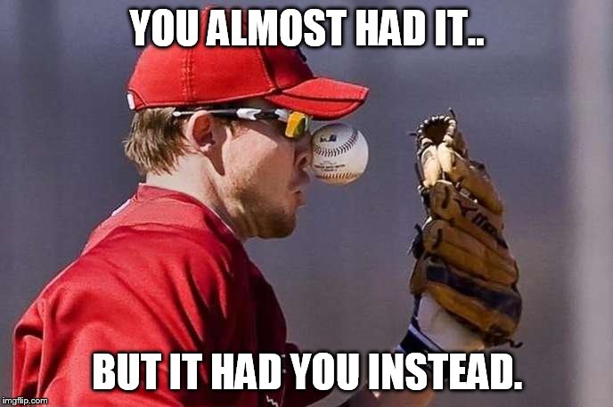 YOU ALMOST HAD IT.. BUT IT HAD YOU INSTEAD. | image tagged in baseball,loser,fail,pain | made w/ Imgflip meme maker