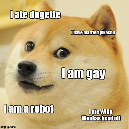 Doge | I ate dogette; I have married pikachu; I am gay; I am a robot; I ate Willy Wonkas head off | image tagged in memes,doge,spam | made w/ Imgflip meme maker