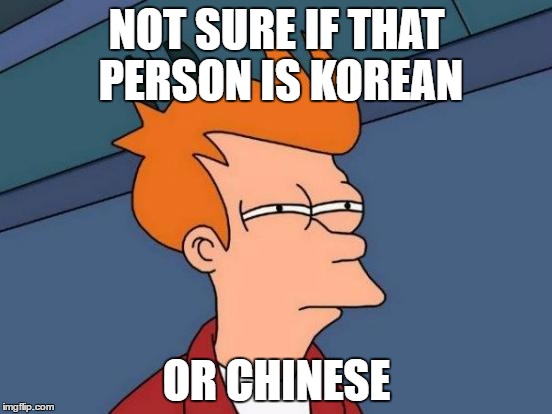 Don't you hate not being able to tell ethnicities apart? I know I do | NOT SURE IF THAT PERSON IS KOREAN; OR CHINESE | image tagged in memes,futurama fry | made w/ Imgflip meme maker