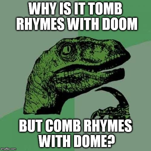 Philosoraptor | WHY IS IT TOMB RHYMES WITH DOOM; BUT COMB RHYMES WITH DOME? | image tagged in memes,philosoraptor | made w/ Imgflip meme maker