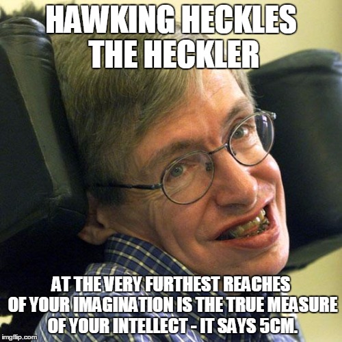 Steven Hawkings | HAWKING HECKLES THE HECKLER; AT THE VERY FURTHEST REACHES OF YOUR IMAGINATION IS THE TRUE MEASURE OF YOUR INTELLECT - IT SAYS 5CM. | image tagged in steven hawkings | made w/ Imgflip meme maker
