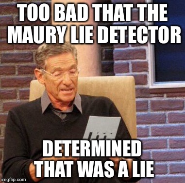 Maury Lie Detector Meme | TOO BAD THAT THE MAURY LIE DETECTOR DETERMINED THAT WAS A LIE | image tagged in memes,maury lie detector | made w/ Imgflip meme maker