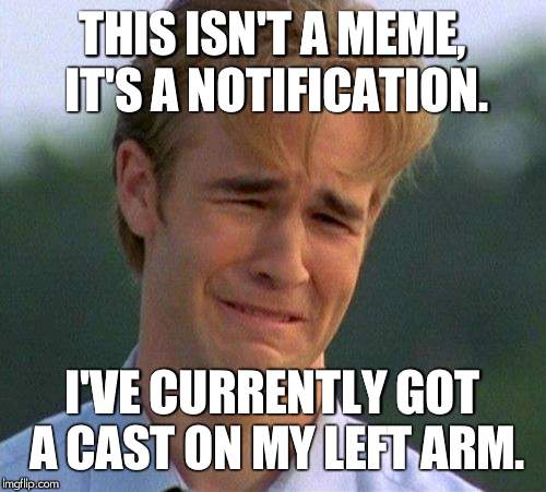 *Insert wake me up inside song here* | THIS ISN'T A MEME, IT'S A NOTIFICATION. I'VE CURRENTLY GOT A CAST ON MY LEFT ARM. | image tagged in memes,1990s first world problems | made w/ Imgflip meme maker