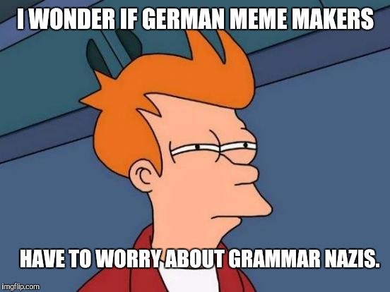 With so many Grammar Nazis on the internet, I had to wonder about this. | I WONDER IF GERMAN MEME MAKERS HAVE TO WORRY ABOUT GRAMMAR NAZIS. | image tagged in memes,futurama fry,grammar nazis | made w/ Imgflip meme maker