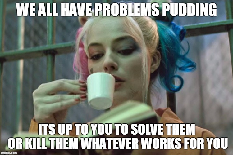 #Sitcalm | WE ALL HAVE PROBLEMS PUDDING; ITS UP TO YOU TO SOLVE THEM OR KILL THEM WHATEVER WORKS FOR YOU | image tagged in harley,harley quinn,funny memes,memes,suicide squad | made w/ Imgflip meme maker