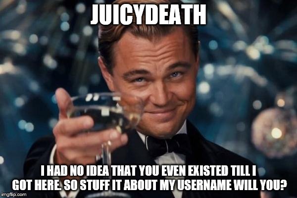 Leonardo Dicaprio Cheers | JUICYDEATH; I HAD NO IDEA THAT YOU EVEN EXISTED TILL I GOT HERE. SO STUFF IT ABOUT MY USERNAME WILL YOU? | image tagged in memes,leonardo dicaprio cheers | made w/ Imgflip meme maker