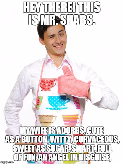 HEY THERE! THIS IS MR. SHABS. MY WIFE IS ADORBS, CUTE AS A BUTTON, WITTY, CURVACEOUS, SWEET AS SUGAR, SMART, FULL OF FUN, AN ANGEL IN DISGUI | made w/ Imgflip meme maker