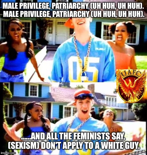 MALE PRIVILEGE, PATRIARCHY (UH HUH, UH HUH). MALE PRIVILEGE, PATRIARCHY (UH HUH, UH HUH). ......AND ALL THE FEMINISTS SAY, (SEXISM) DON'T APPLY TO A WHITE GUY. | image tagged in pretty fly | made w/ Imgflip meme maker