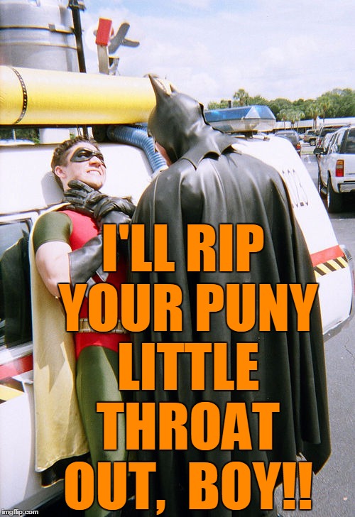 batman/robin | I'LL RIP YOUR PUNY LITTLE THROAT OUT,  BOY!! | image tagged in batman/robin | made w/ Imgflip meme maker