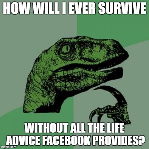 Philosoraptor | HOW WILL I EVER SURVIVE; WITHOUT ALL THE LIFE ADVICE FACEBOOK PROVIDES? | image tagged in memes,philosoraptor | made w/ Imgflip meme maker