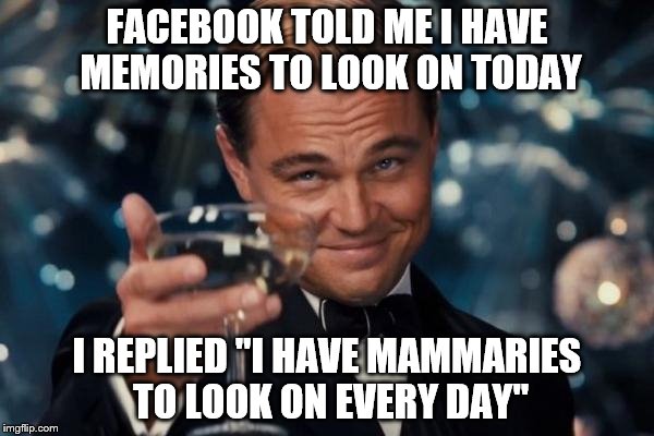 Maybe it's time to get my eyes checked.... Then again, maybe not! | FACEBOOK TOLD ME I HAVE MEMORIES TO LOOK ON TODAY; I REPLIED "I HAVE MAMMARIES TO LOOK ON EVERY DAY" | image tagged in memes,leonardo dicaprio cheers | made w/ Imgflip meme maker