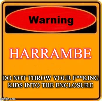 Warning Sign | HARRAMBE; DO NOT THROW YOUR F**KING KIDS INTO THE ENCLOSURE | image tagged in memes,warning sign | made w/ Imgflip meme maker