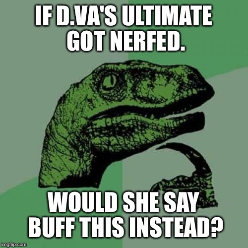 Philosoraptor | IF D.VA'S ULTIMATE GOT NERFED. WOULD SHE SAY BUFF THIS INSTEAD? | image tagged in memes,philosoraptor | made w/ Imgflip meme maker