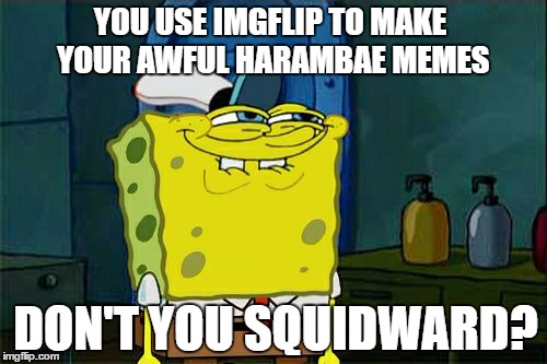 Don't You Squidward Meme | YOU USE IMGFLIP TO MAKE YOUR AWFUL HARAMBAE MEMES; DON'T YOU SQUIDWARD? | image tagged in memes,dont you squidward | made w/ Imgflip meme maker