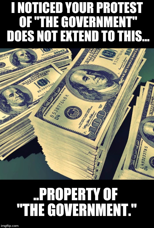 I NOTICED YOUR PROTEST OF "THE GOVERNMENT" DOES NOT EXTEND TO THIS... ..PROPERTY OF "THE GOVERNMENT." | image tagged in politics | made w/ Imgflip meme maker