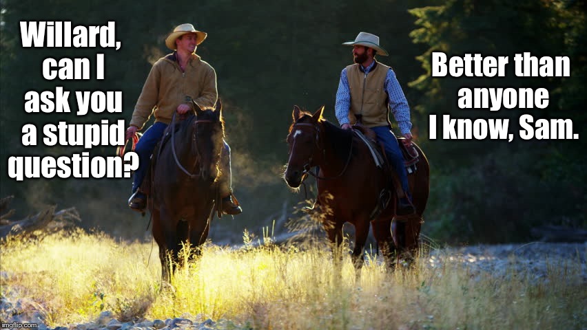 Everyone has that friend, and if you can't name him, it means that's you. | Better than anyone I know, Sam. Willard, can I ask you a stupid question? | image tagged in memes,cowboys,stupid question,drsarcasm | made w/ Imgflip meme maker