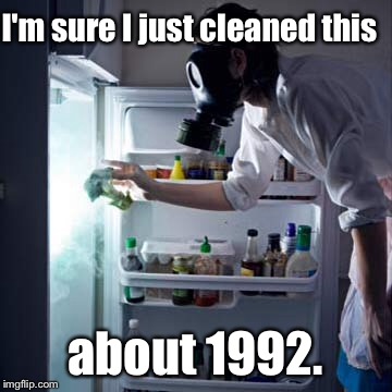Every century or so . . . | I'm sure I just cleaned this; about 1992. | image tagged in memes,dirty refrigerator,cleaning,gas mask,drsarcasm | made w/ Imgflip meme maker