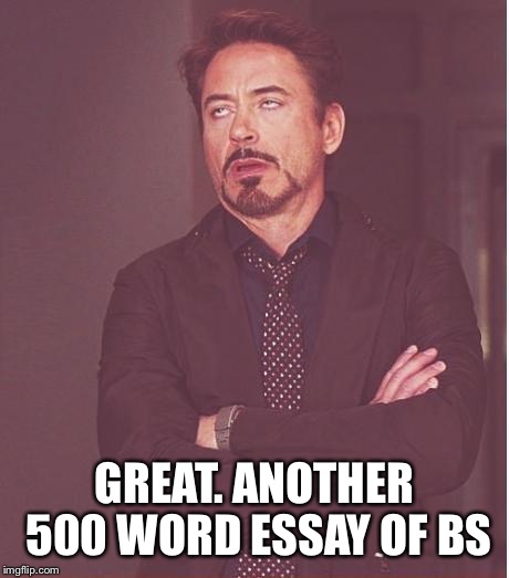 Face You Make Robert Downey Jr Meme | GREAT. ANOTHER 500 WORD ESSAY OF BS | image tagged in memes,face you make robert downey jr | made w/ Imgflip meme maker