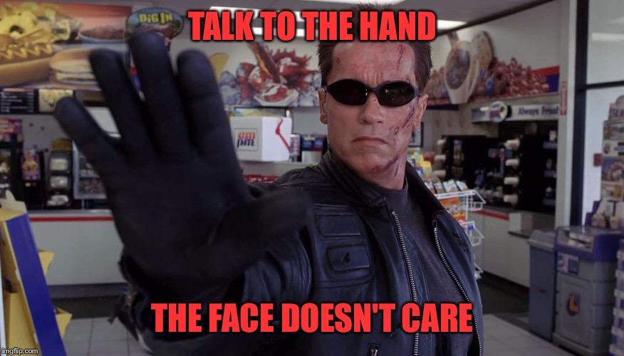 Terminator - Talk To The Hand | TALK TO THE HAND THE FACE DOESN'T CARE | image tagged in terminator - talk to the hand | made w/ Imgflip meme maker