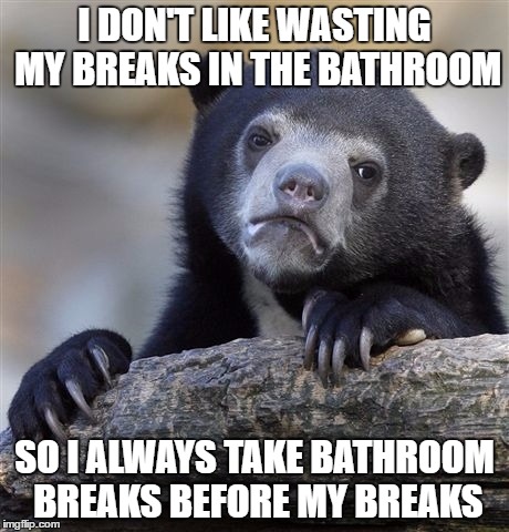 Confession Bear Meme | I DON'T LIKE WASTING MY BREAKS IN THE BATHROOM; SO I ALWAYS TAKE BATHROOM BREAKS BEFORE MY BREAKS | image tagged in memes,confession bear | made w/ Imgflip meme maker