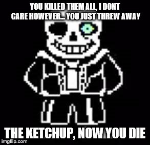 DID YOU JUST...? | YOU KILLED THEM ALL, I DONT CARE HOWEVER... YOU JUST THREW AWAY; THE KETCHUP, NOW YOU DIE | image tagged in sans undertale | made w/ Imgflip meme maker