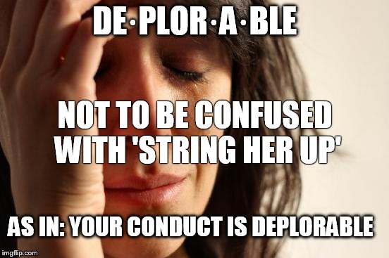 First World Problems | DE·PLOR·A·BLE; NOT TO BE CONFUSED WITH 'STRING HER UP'; AS IN: YOUR CONDUCT IS DEPLORABLE | image tagged in memes,first world problems | made w/ Imgflip meme maker