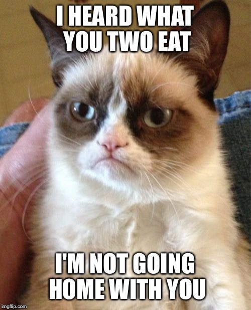 Grumpy Cat Meme | I HEARD WHAT YOU TWO EAT; I'M NOT GOING HOME WITH YOU | image tagged in memes,grumpy cat | made w/ Imgflip meme maker