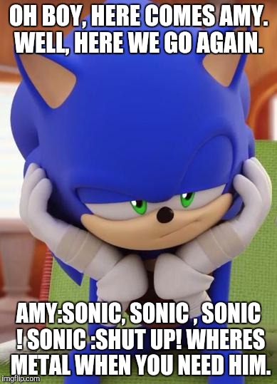 Disappointed Sonic | OH BOY, HERE COMES AMY. WELL, HERE WE GO AGAIN. AMY:SONIC, SONIC , SONIC ! SONIC :SHUT UP! WHERES METAL WHEN YOU NEED HIM. | image tagged in disappointed sonic | made w/ Imgflip meme maker