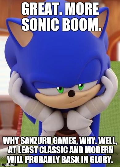 Disappointed Sonic | GREAT. MORE SONIC BOOM. WHY SANZURU GAMES, WHY. WELL, AT LEAST CLASSIC AND MODERN WILL PROBABLY BASK IN GLORY. | image tagged in disappointed sonic | made w/ Imgflip meme maker
