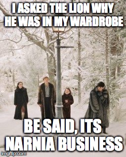 Narnia Lamppost | I ASKED THE LION WHY HE WAS IN MY WARDROBE; BE SAID, ITS NARNIA BUSINESS | image tagged in narnia lamppost | made w/ Imgflip meme maker