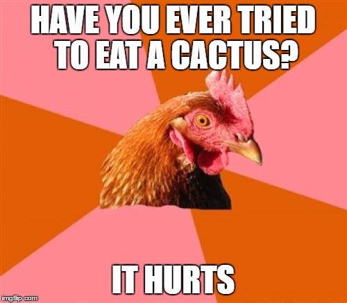Anti joke chicken | HAVE YOU EVER TRIED TO EAT A CACTUS? IT HURTS | image tagged in memes,funny,anti joke chicken | made w/ Imgflip meme maker