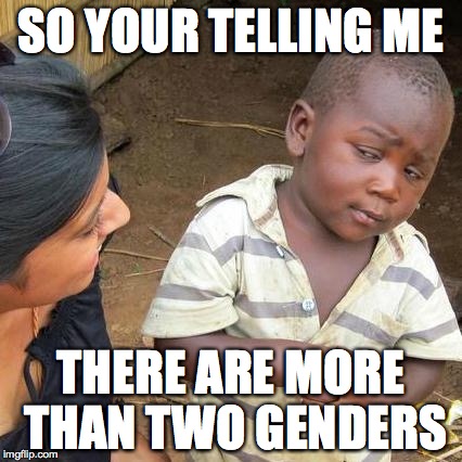 Third World Skeptical Kid | SO YOUR TELLING ME; THERE ARE MORE THAN TWO GENDERS | image tagged in memes,third world skeptical kid | made w/ Imgflip meme maker